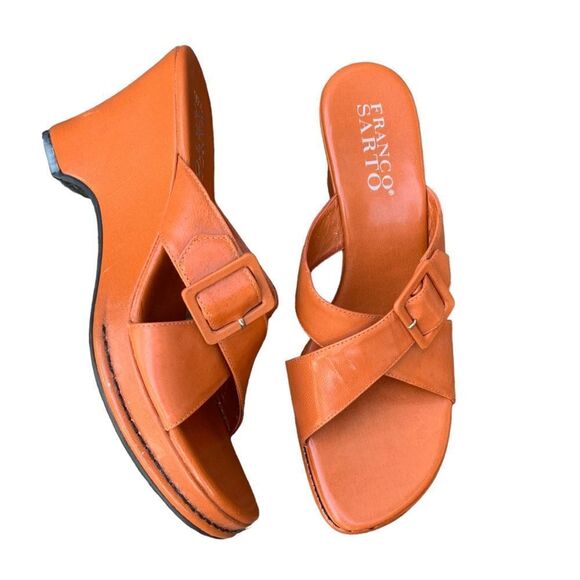Franco Sarto Orange/tan Heels Pumps Statement Shoe Heeled Sandals Buckle 10 - Picture 2 of 15